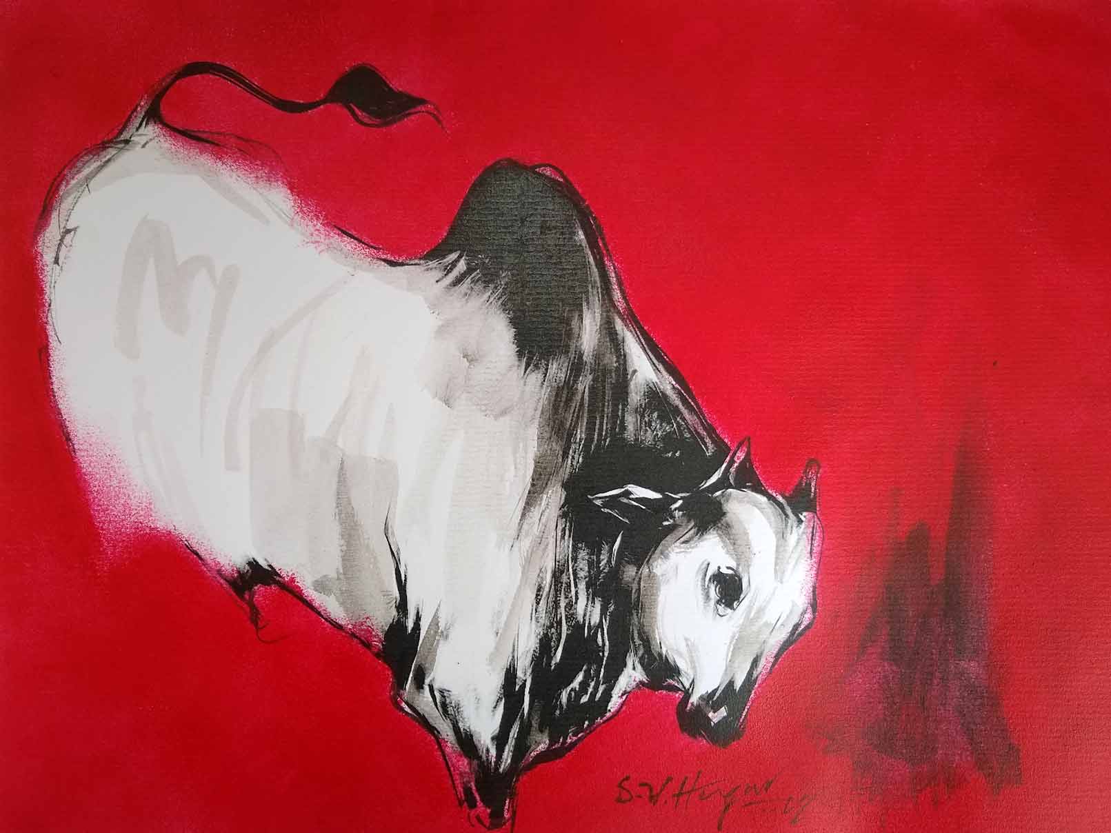 Figurative Painting with Mixed Media on Paper "Bull-3" art by S V Hugar