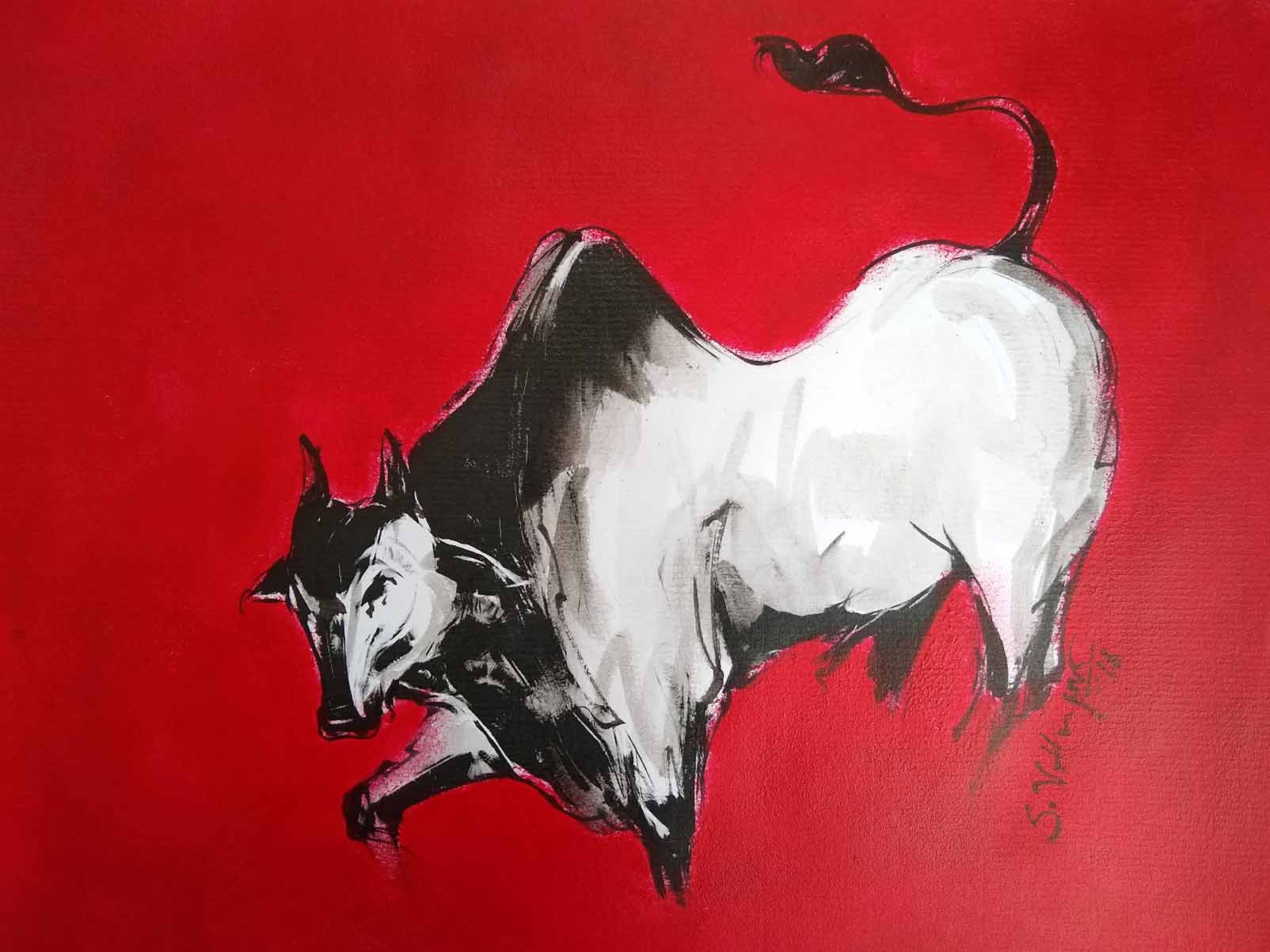 Figurative Painting with Mixed Media on Paper "Bull-4" art by S V Hugar