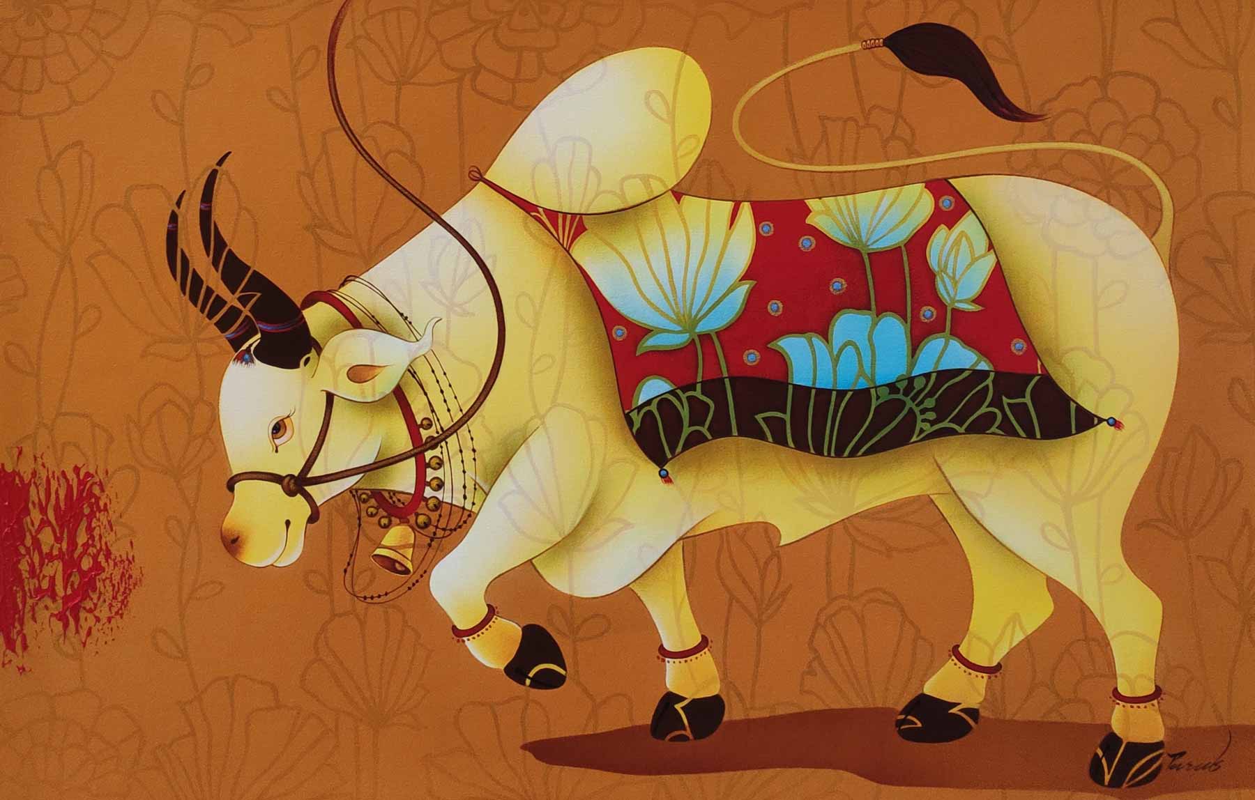 Figurative Painting with Acrylic on Canvas "Nandi Bull-1" art by Paras Parmar
