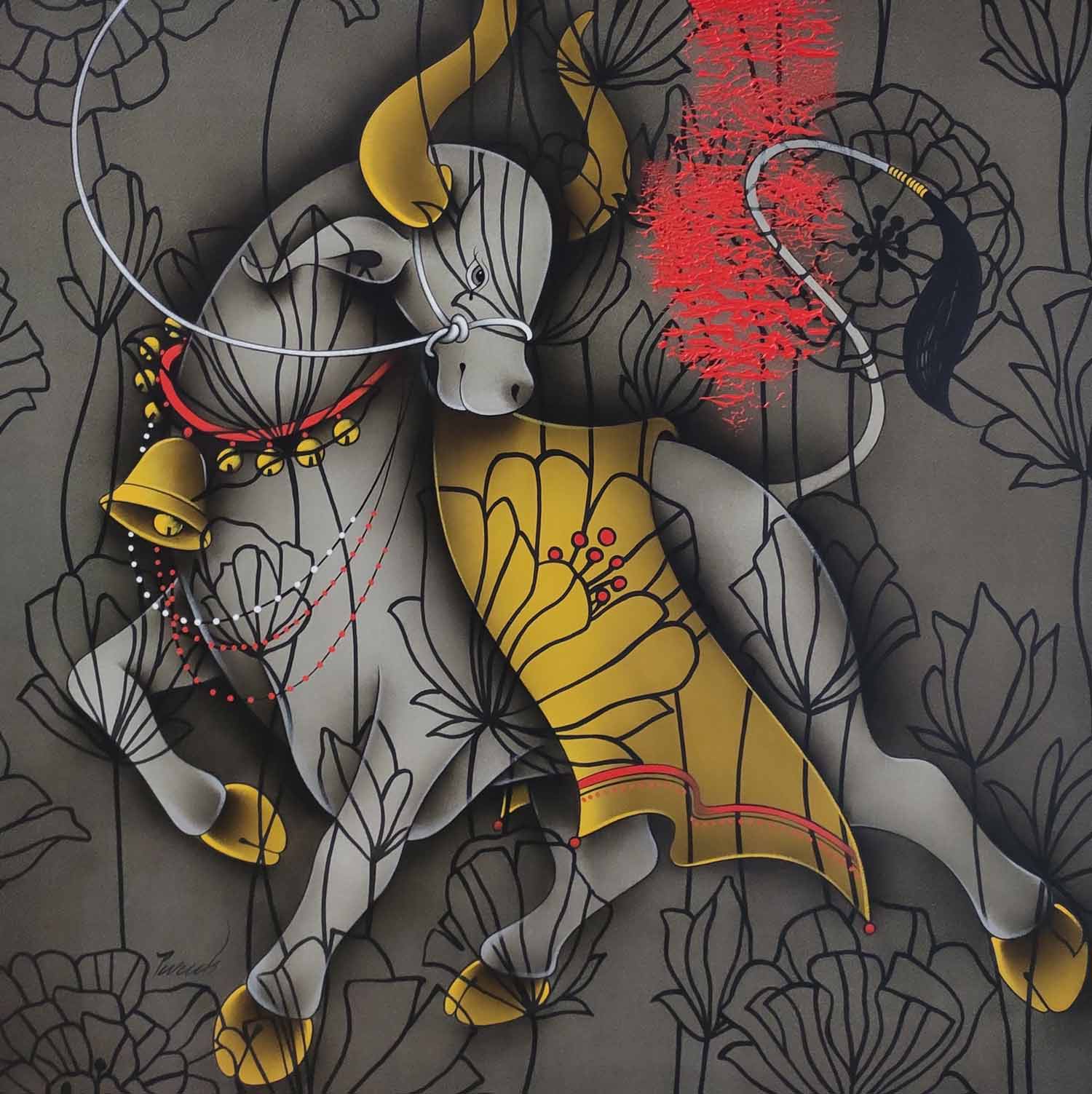 Figurative Painting with Acrylic on Canvas "Nandi Bull-2" art by Paras Parmar