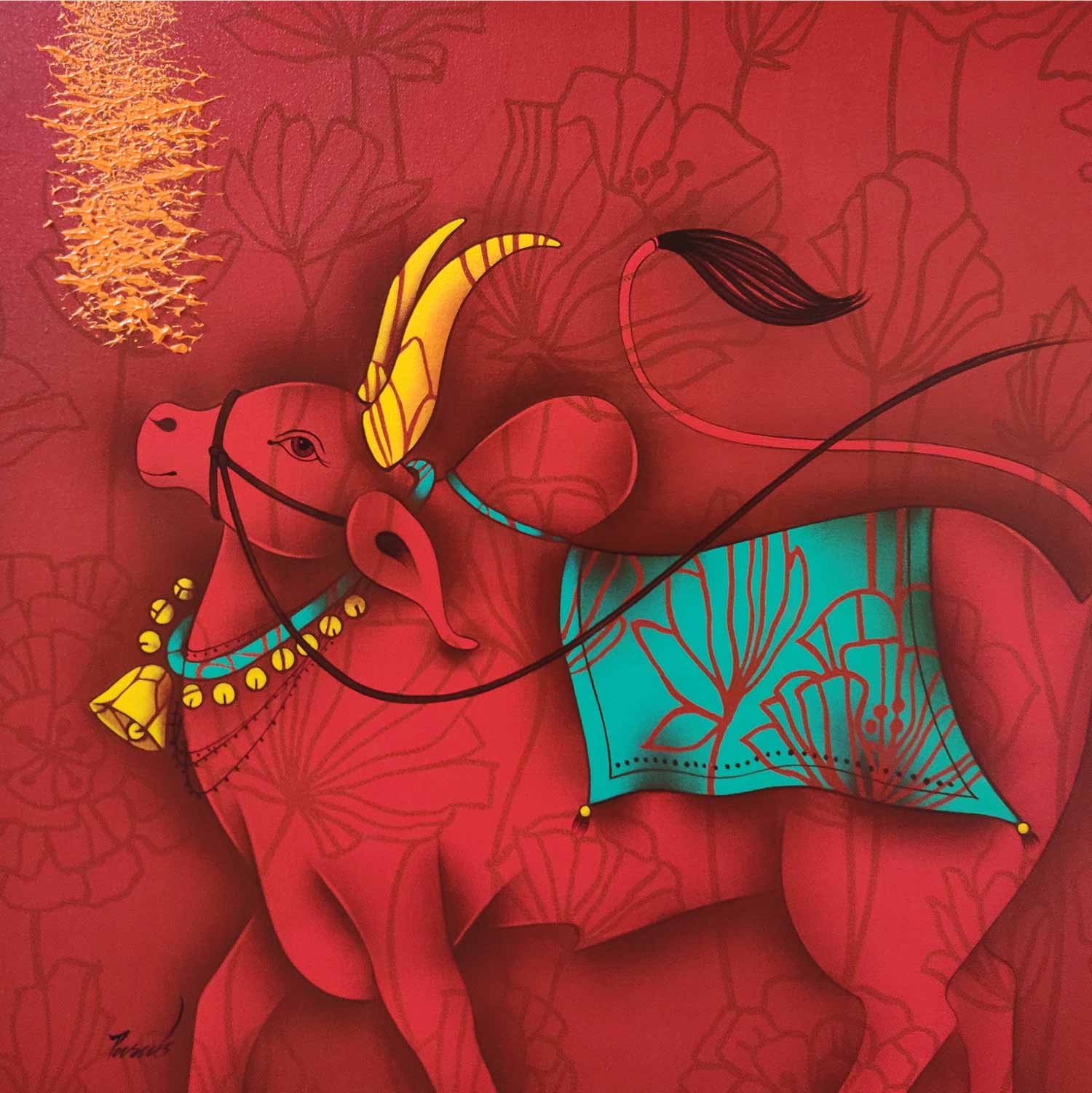 Figurative Painting with Acrylic on Canvas "Nandi Bull-3" art by Paras Parmar