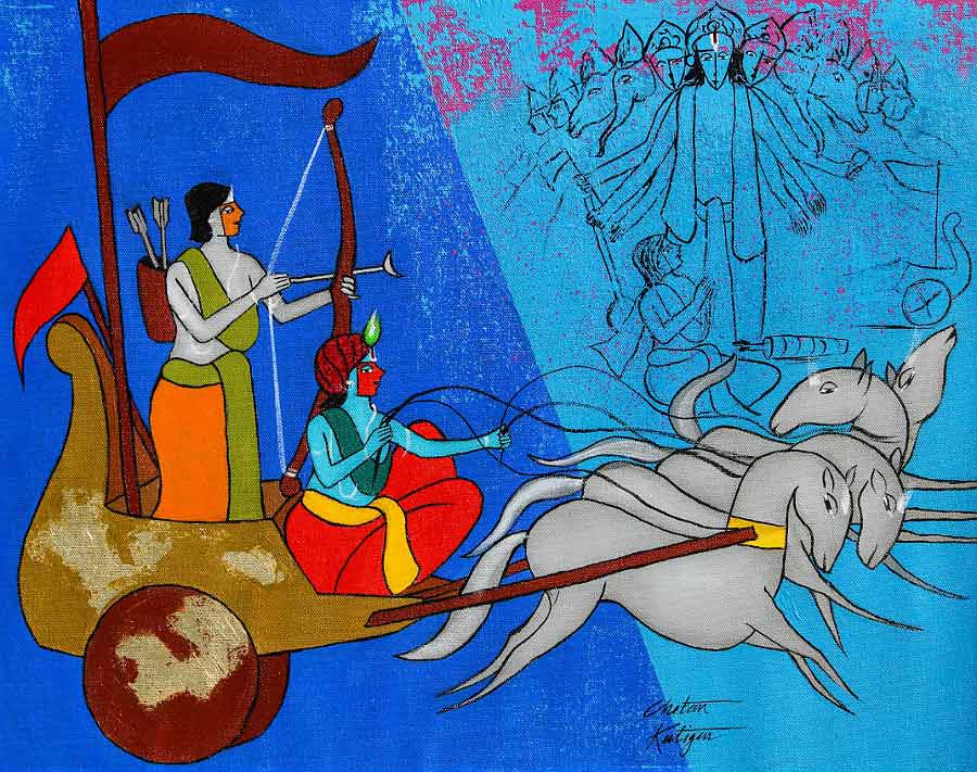 Figurative Painting with Acrylic on Canvas "Krishna and Arjuna" art by Chetan Katigar