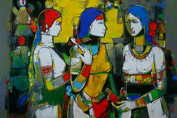 Figurative Painting with Acrylic on Canvas "Sisters" art by Girish Adannavar 