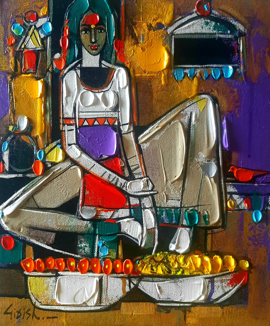 Figurative Painting with Acrylic on Canvas Board "Woman - 11" art by Girish Adannavar 