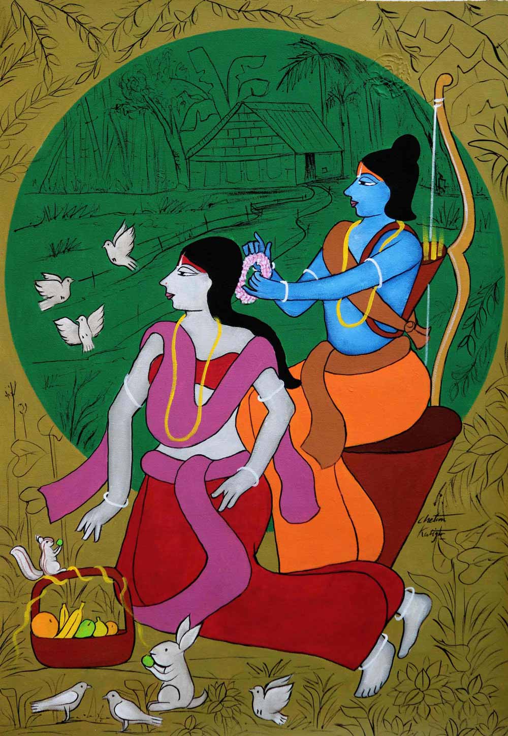 Figurative Painting with Acrylic on Canvas "Sita-Ram" art by Chetan Katigar