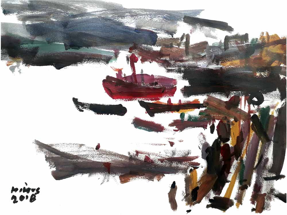 Abstract Painting with Acrylic on Paper "Boat with Landscape" art by Satyendra Kumar