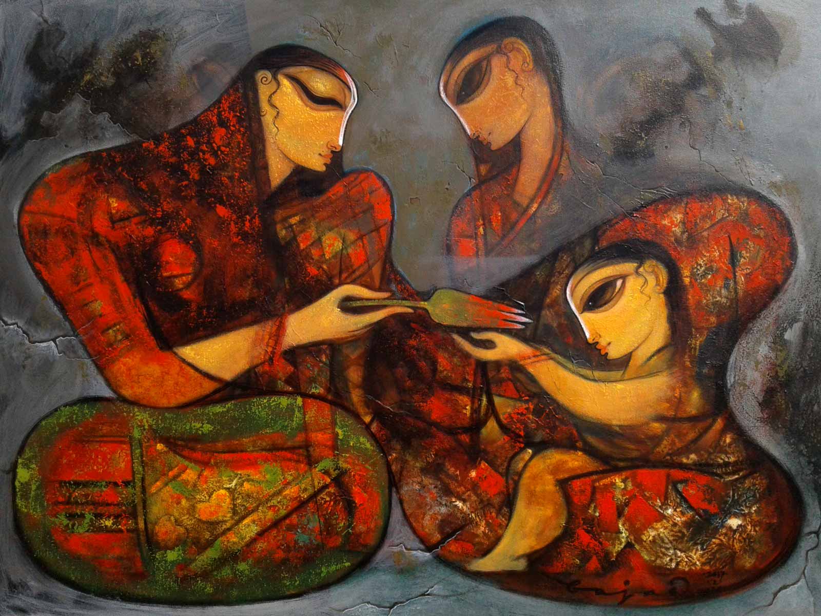 Figurative Painting with Acrylic on Canvas "Gifting Love" art by Ramesh P Gujar