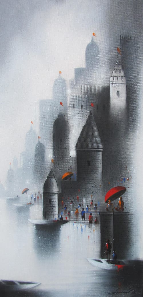 Realism Painting with Mixed Media on Canvas "Holy Banaras" art by Somnath Bothe