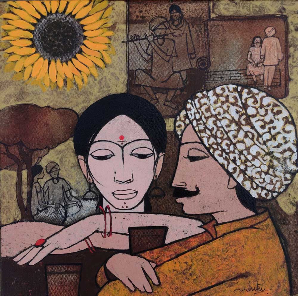 Figurative Painting with Mixed Media on Feather "Village Couple" art by Rahul Mhetre