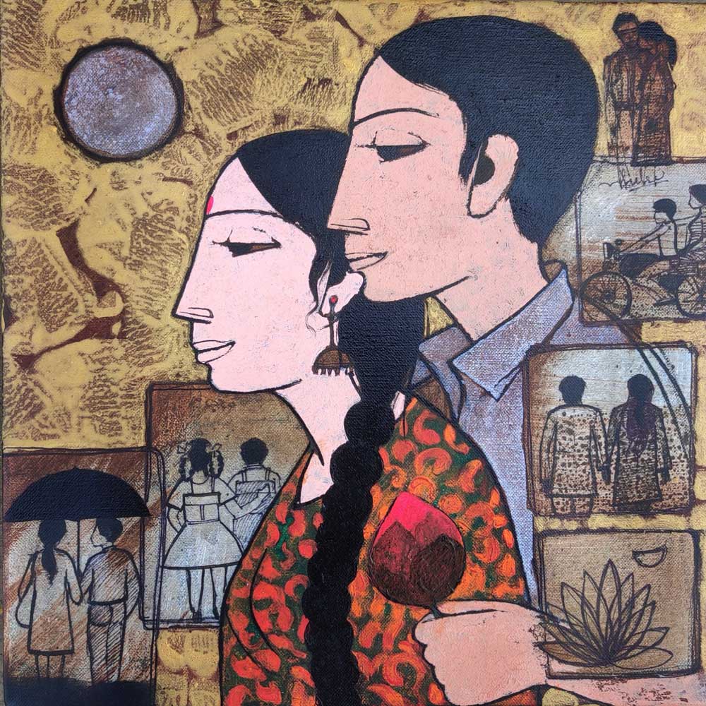 Figurative Painting with Acrylic on Canvas "City Couple" art by Rahul Mhetre