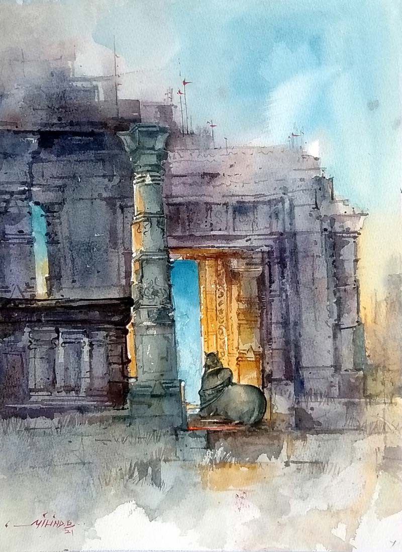 Realism Painting with Watercolor on Paper "Waiting for God Shiva" art by Milind Bhanji