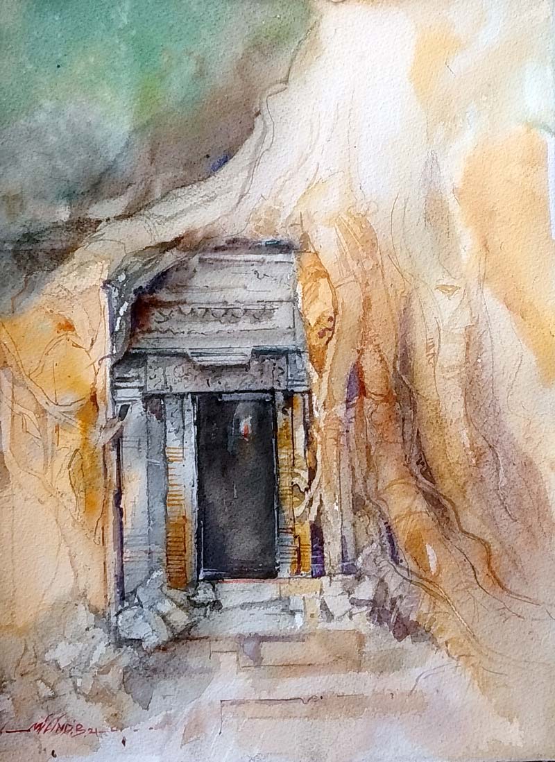 Realism Painting with Watercolor on Paper "Angkor Temple" art by Milind Bhanji
