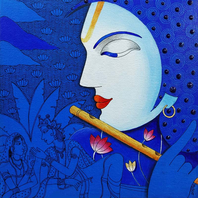 Figurative Painting with Acrylic on Canvas "Magic of Flute-1" art by Chandrakant Tajbije