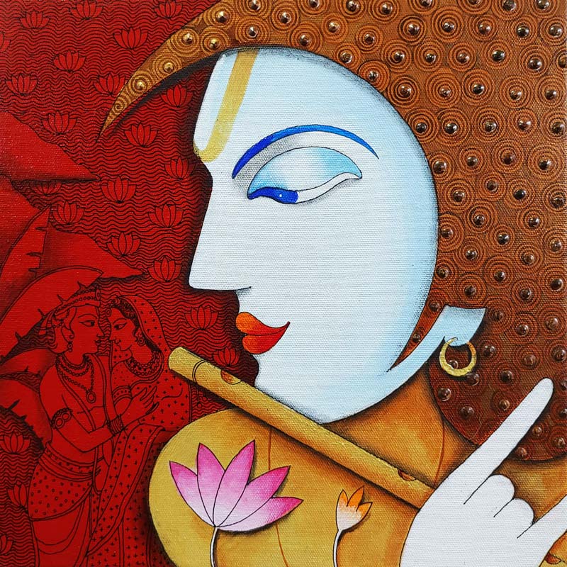 Figurative Painting with Acrylic on Canvas "Magic of Flute-2" art by Chandrakant Tajbije