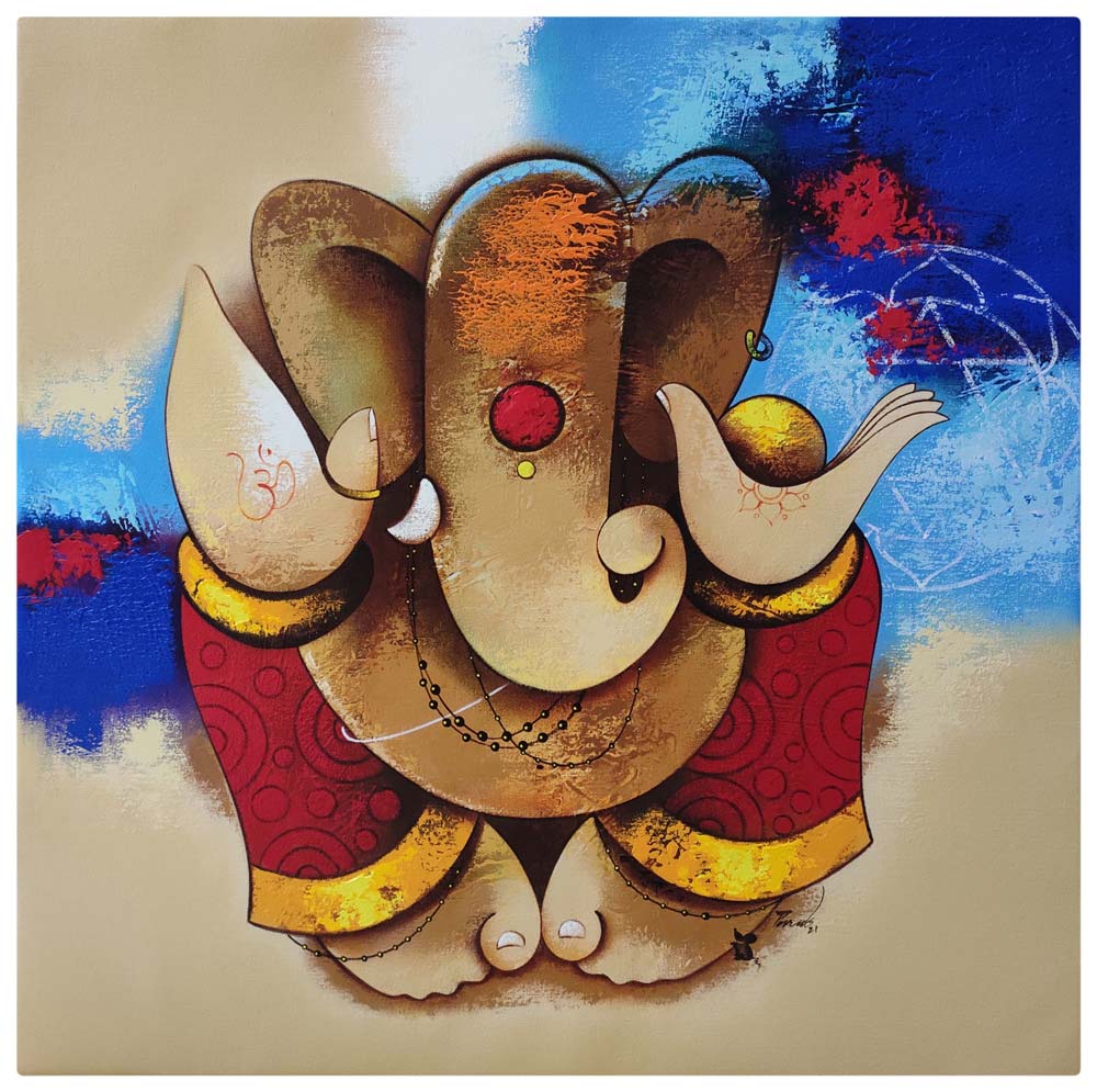 Figurative Painting with Acrylic on Canvas "Ganesha-4" art by Paras Parmar