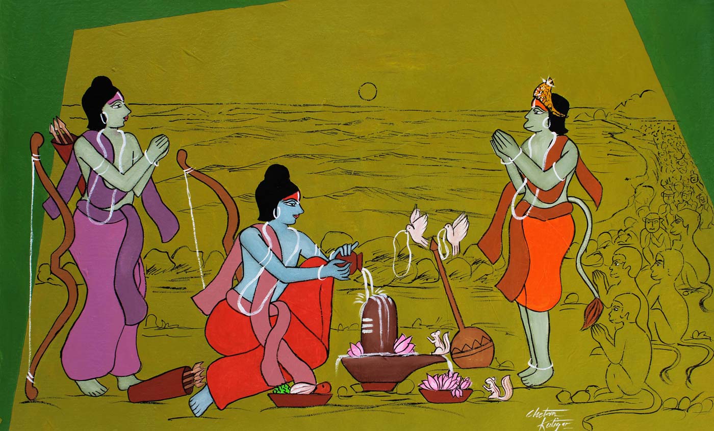 Figurative Painting with Acrylic on Canvas "Rama Worshiping Shiva" art by Chetan Katigar