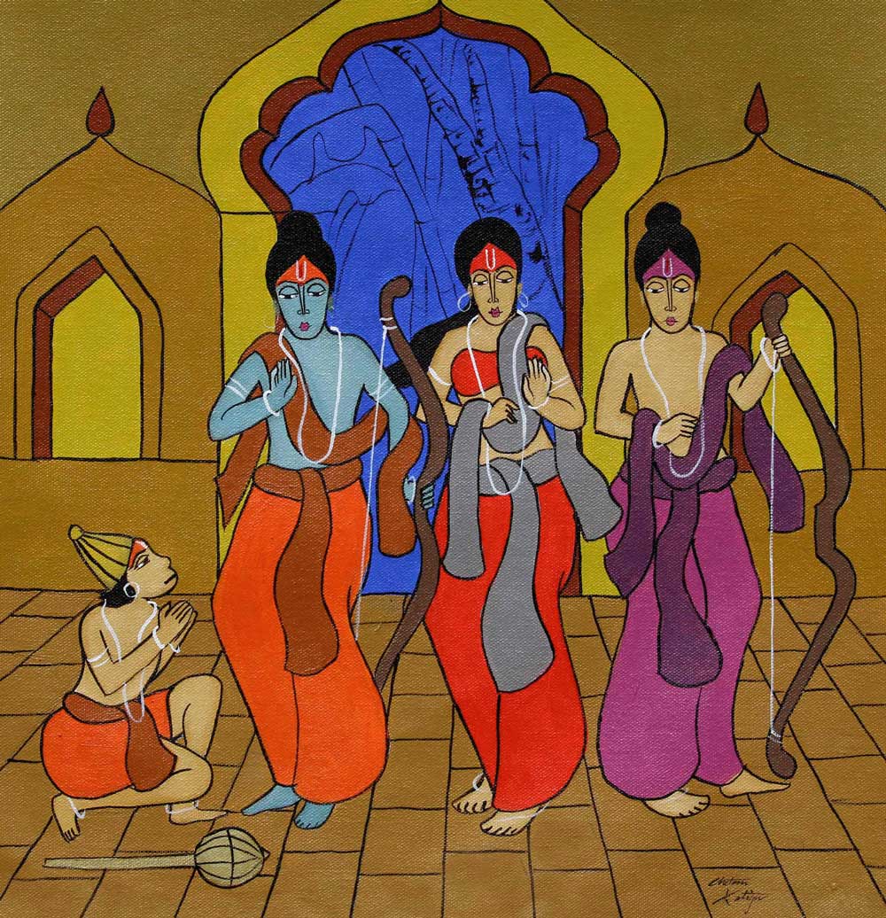 Figurative Painting with Acrylic on Canvas "Shree Ram back to his palace" art by Chetan Katigar