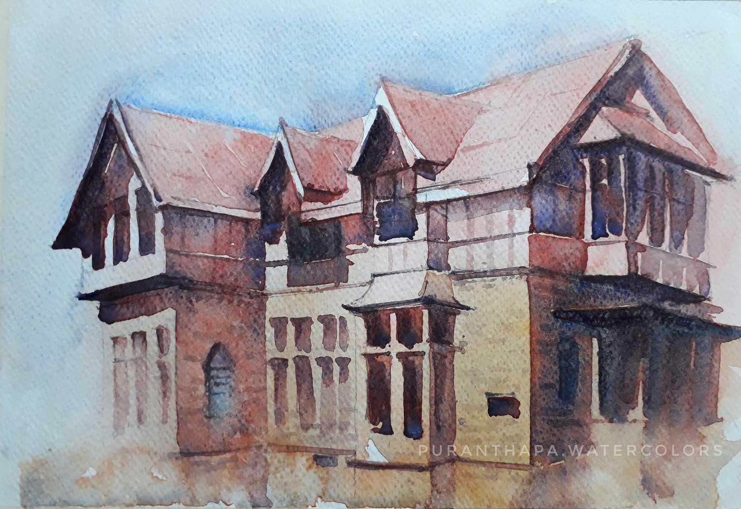Realism Painting with Watercolor on Paper "Ridge Library, Shimla" art by Puran Thapa