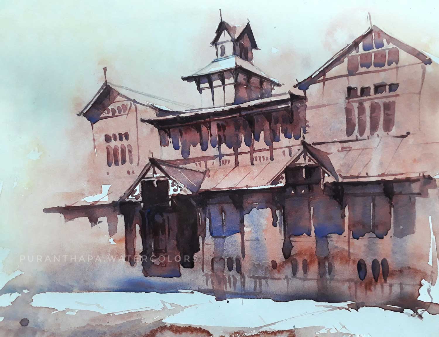 Realism Painting with Watercolor on Paper "Bantany Castel, Shimla" art by Puran Thapa