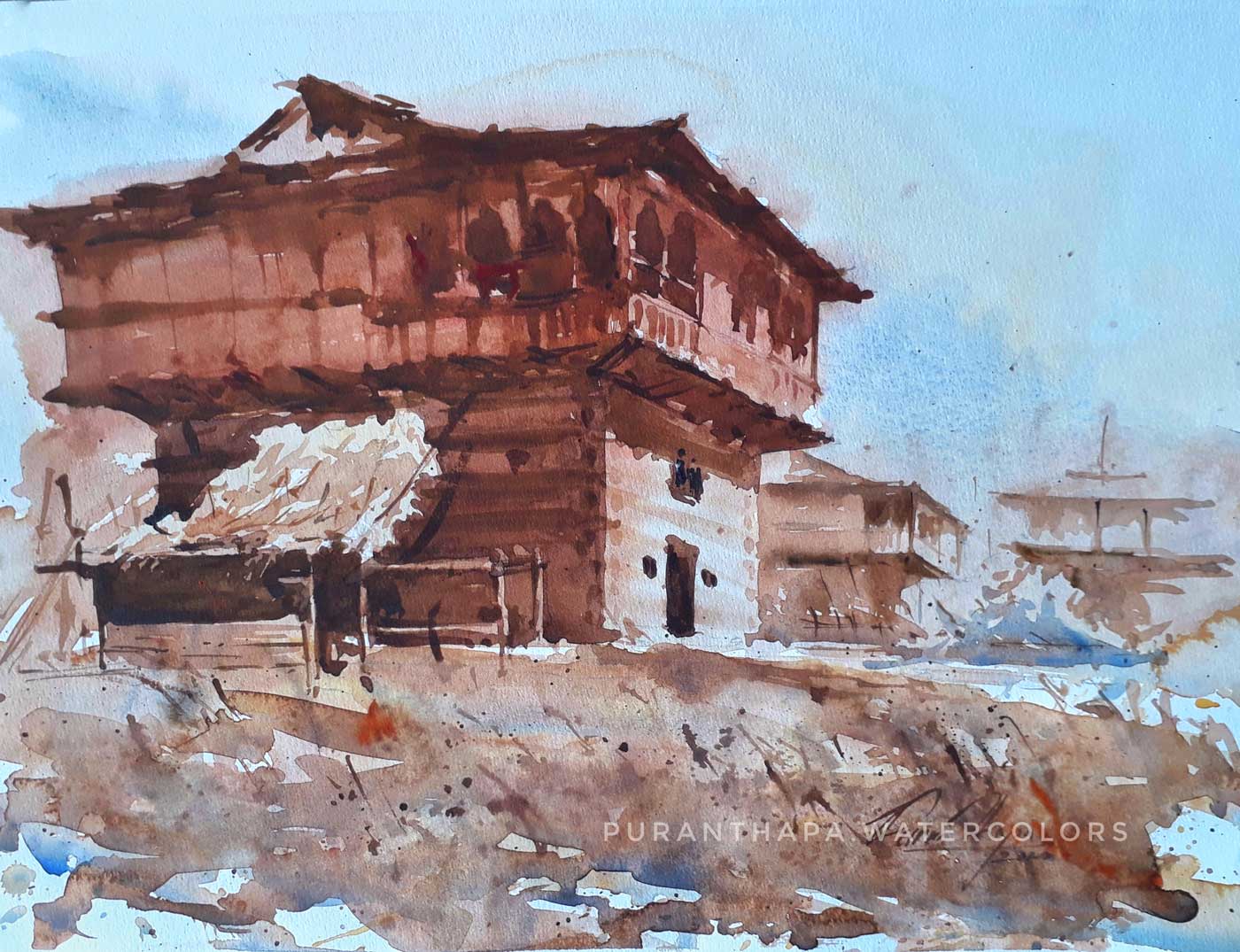 Realism Painting with Watercolor on Paper "Himachal House -10" art by Puran Thapa