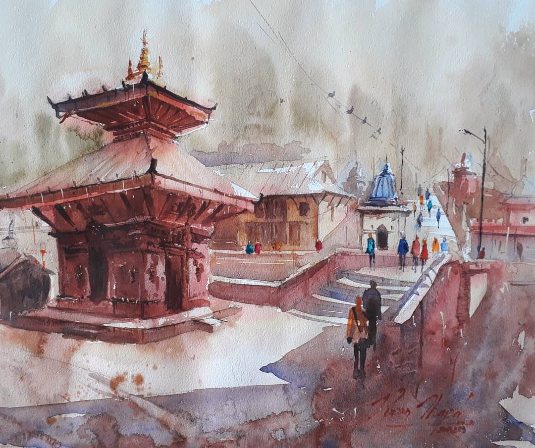 Realism Painting with Watercolor on Paper "Pashupatinath Kathmandu" art by Puran Thapa
