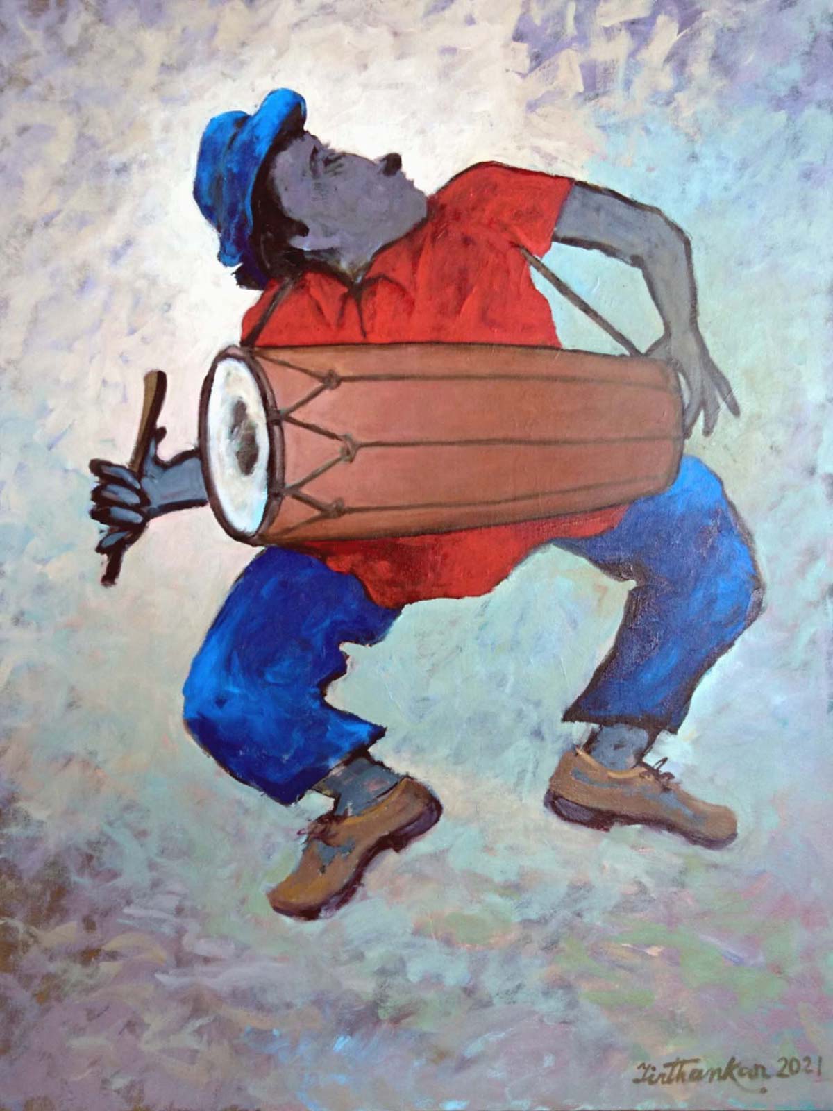 Semi Figurative Painting with Oil on Canvas "Drummer-3" art by Tirthankar Biswas