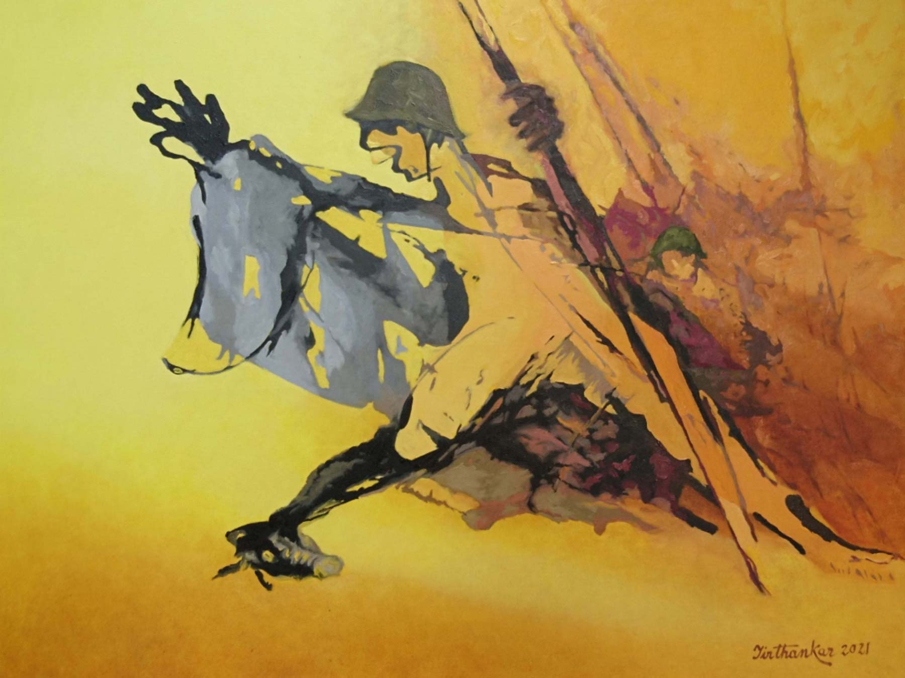 Semi Figurative Painting with Oil on Canvas "Fire Fighter" art by Tirthankar Biswas