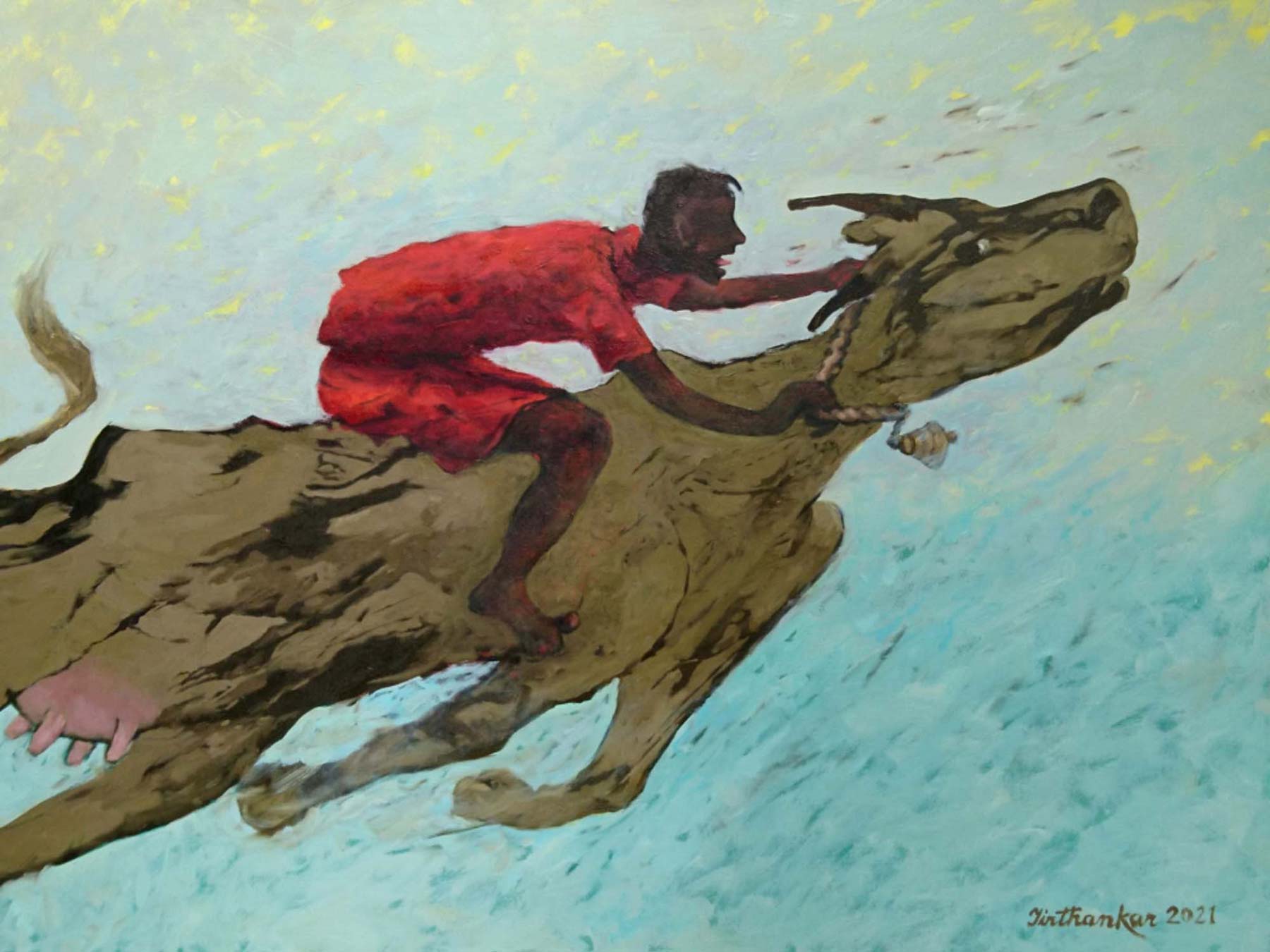 Semi Figurative Painting with Oil on Canvas "Run-Run-Run" art by Tirthankar Biswas