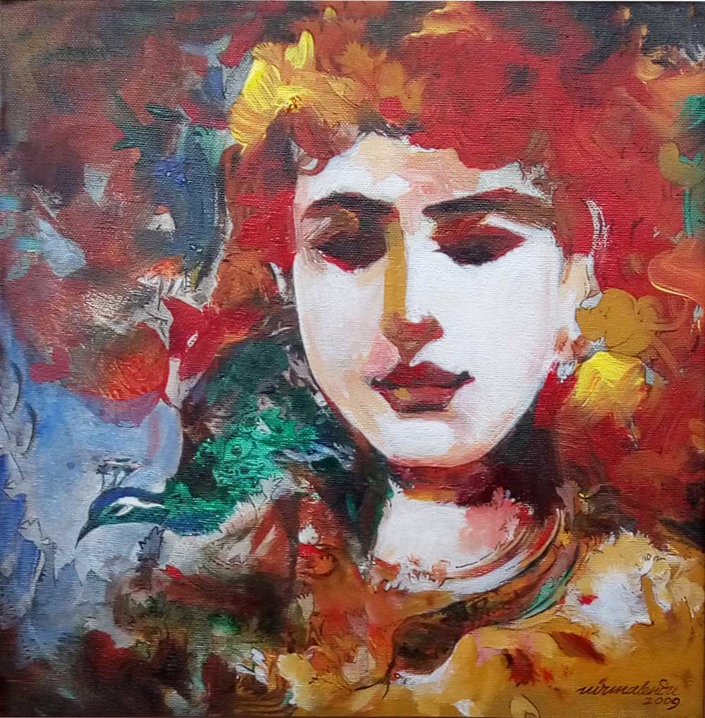Figurative Painting with Acrylic on Canvas "The Lady With Bird-I" art by Nirmalendu Mandal