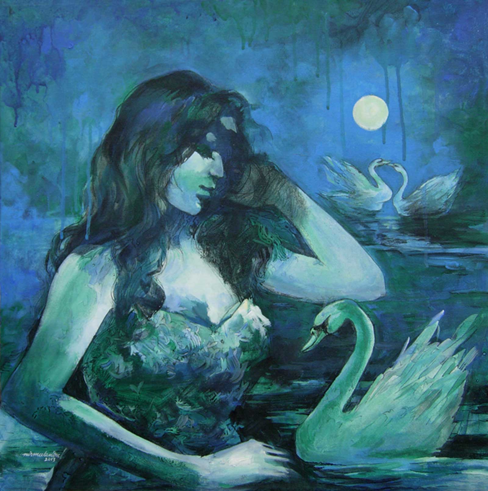 Figurative Painting with Acrylic on Canvas "The Swan Lady" art by Nirmalendu Mandal