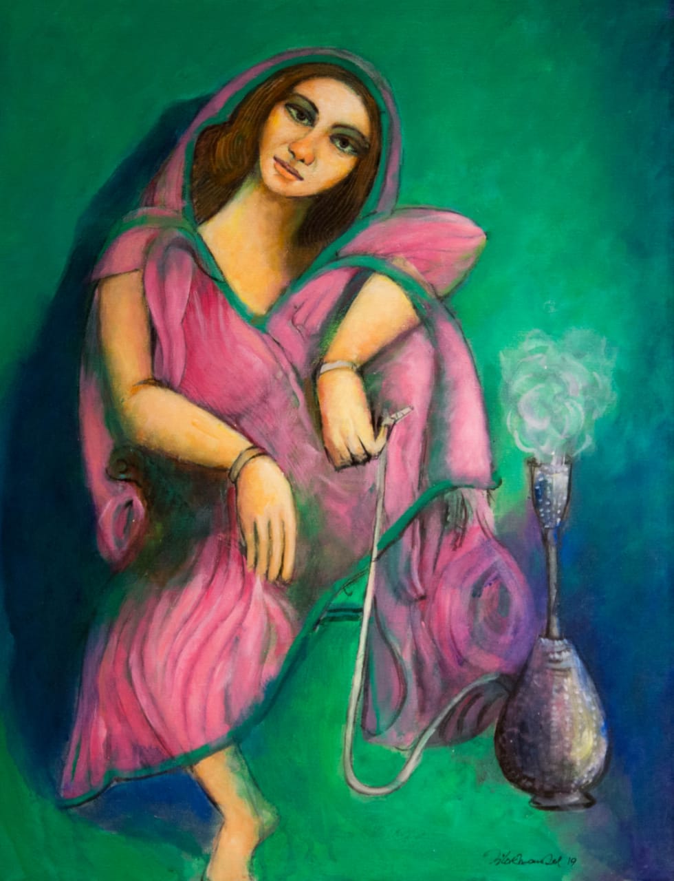 Contemporary Painting with Acrylic on Canvas "Smoking Lady" art by Tilok Mandal