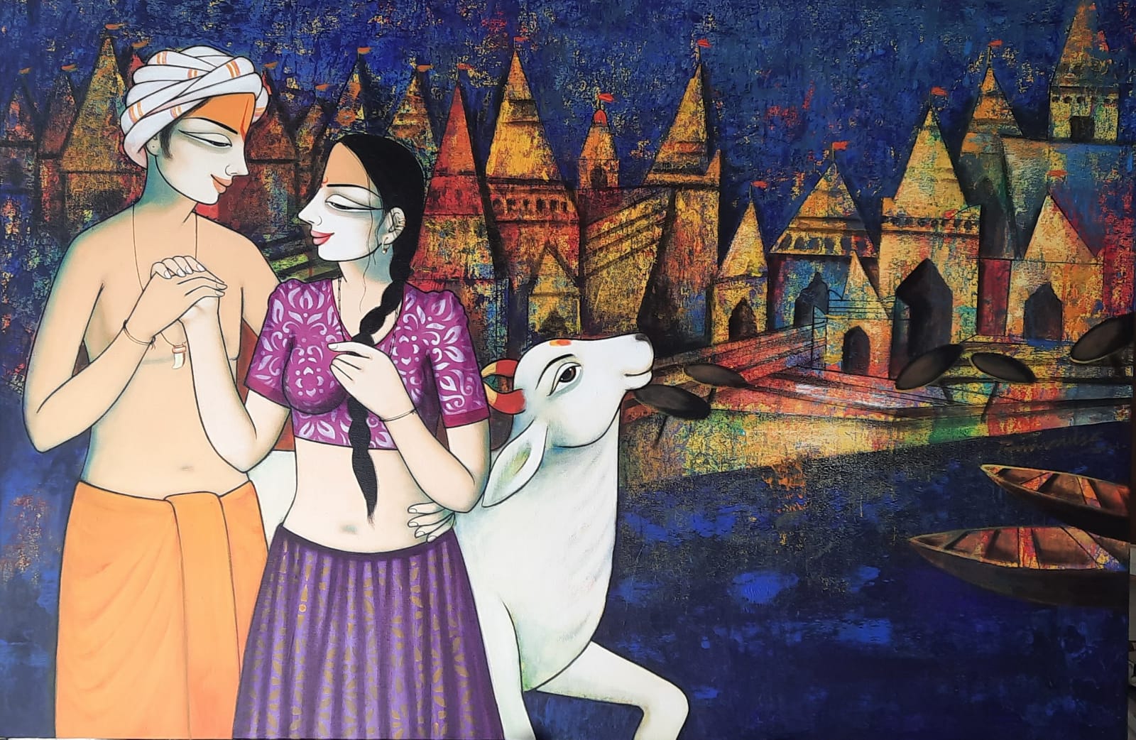 Figurative Painting with Acrylic on Canvas "Couple" art by Pravin Utge