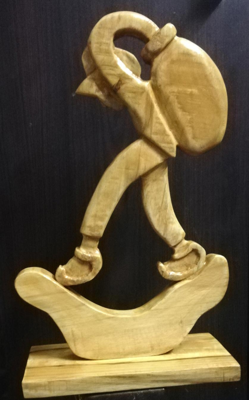 Figurative Sculpture with Wood"Balancing Work & Life" art by Abhijit Dutta
