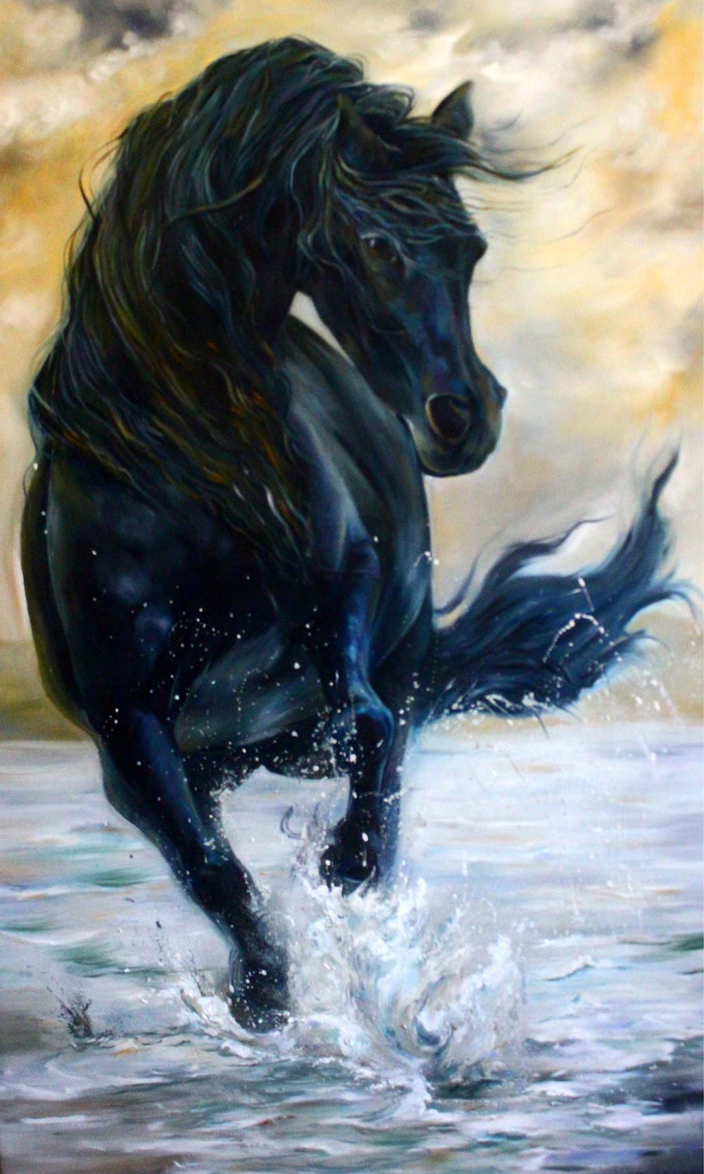 Realism Painting with Oil on Canvas "Horse Playing in the Water" art by Dhanashri Kale