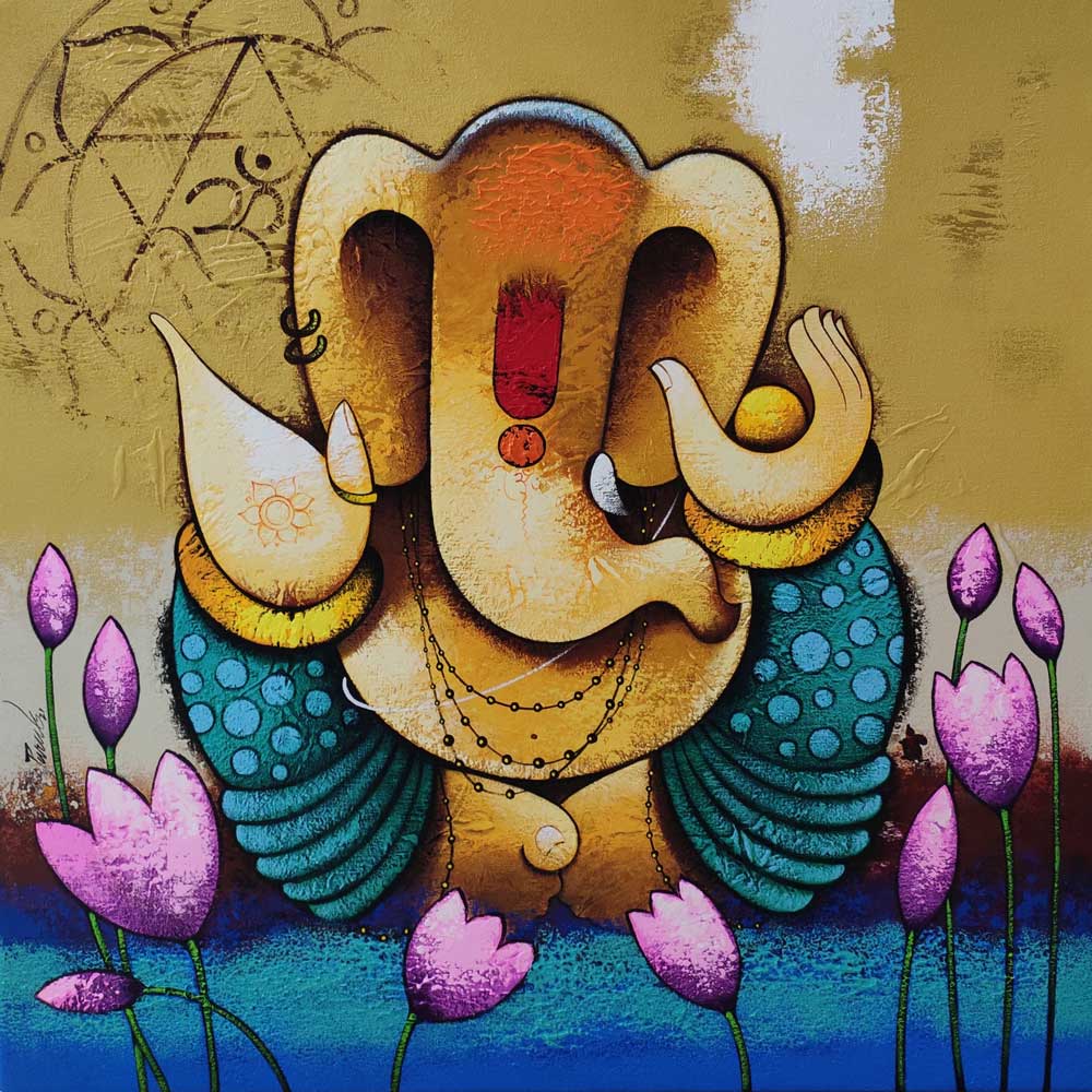 Portraiture Painting with Acrylic on Canvas "Ganesha-5" art by Paras Parmar