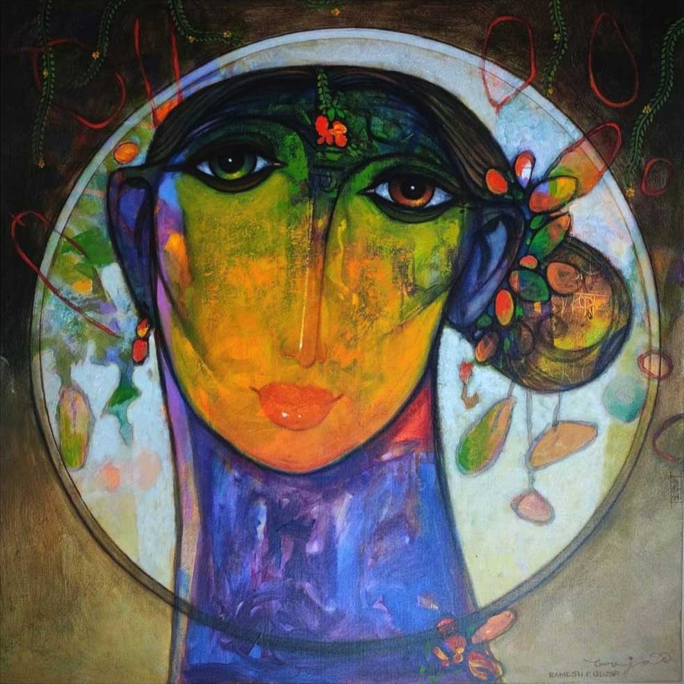 Figurative Painting with Acrylic on Canvas "Woman-3" art by Ramesh P Gujar