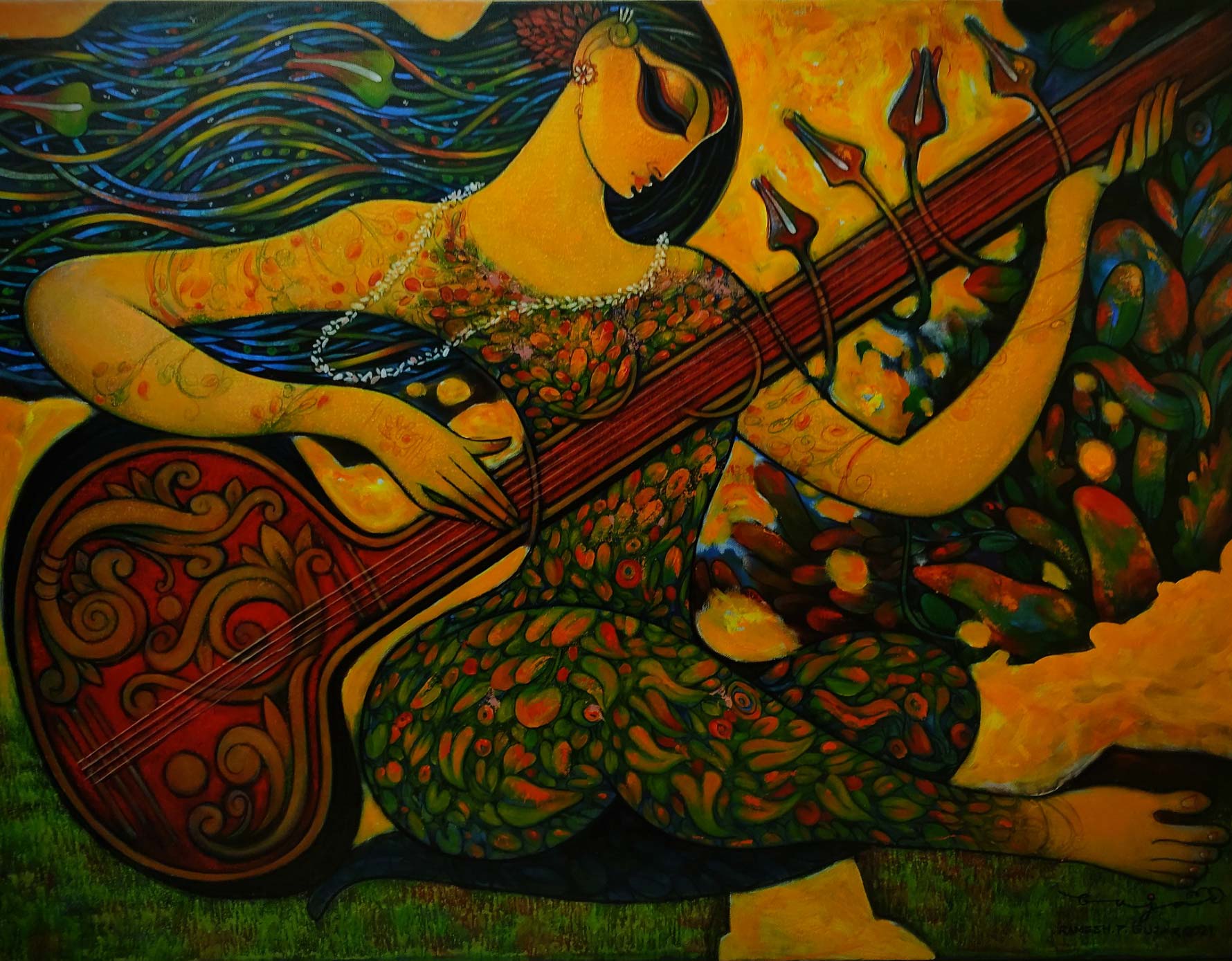 Figurative Painting with Acrylic on Canvas "Sitar-10" art by Ramesh P Gujar