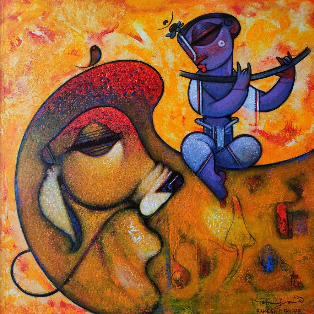 Figurative Painting with Acrylic on Canvas "Krishna with cow-2" art by Ramesh P Gujar