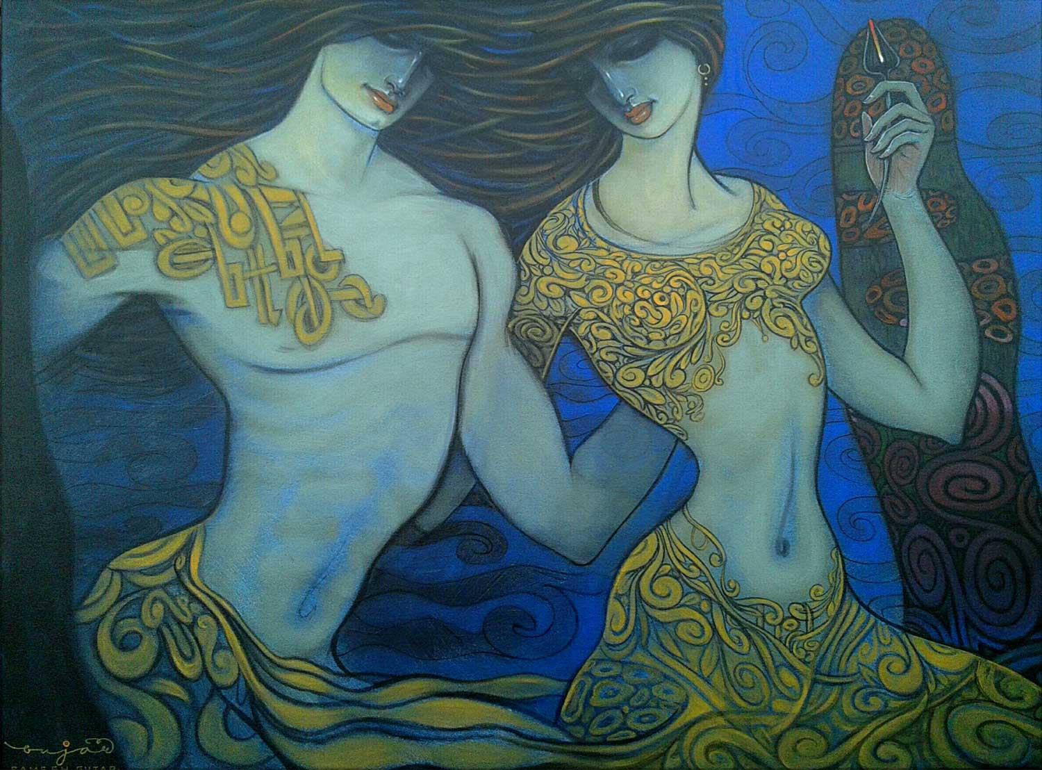 Figurative Painting with Acrylic on Canvas "Couple" art by Ramesh P Gujar