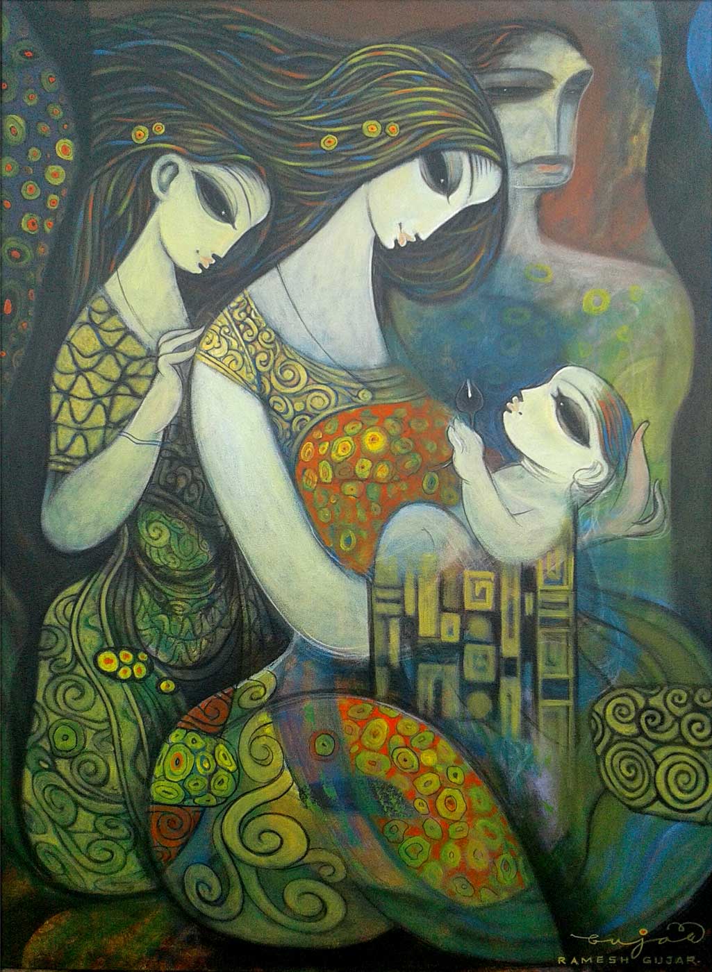 Figurative Painting with Acrylic on Canvas "Mother and Child-10" art by Ramesh P Gujar