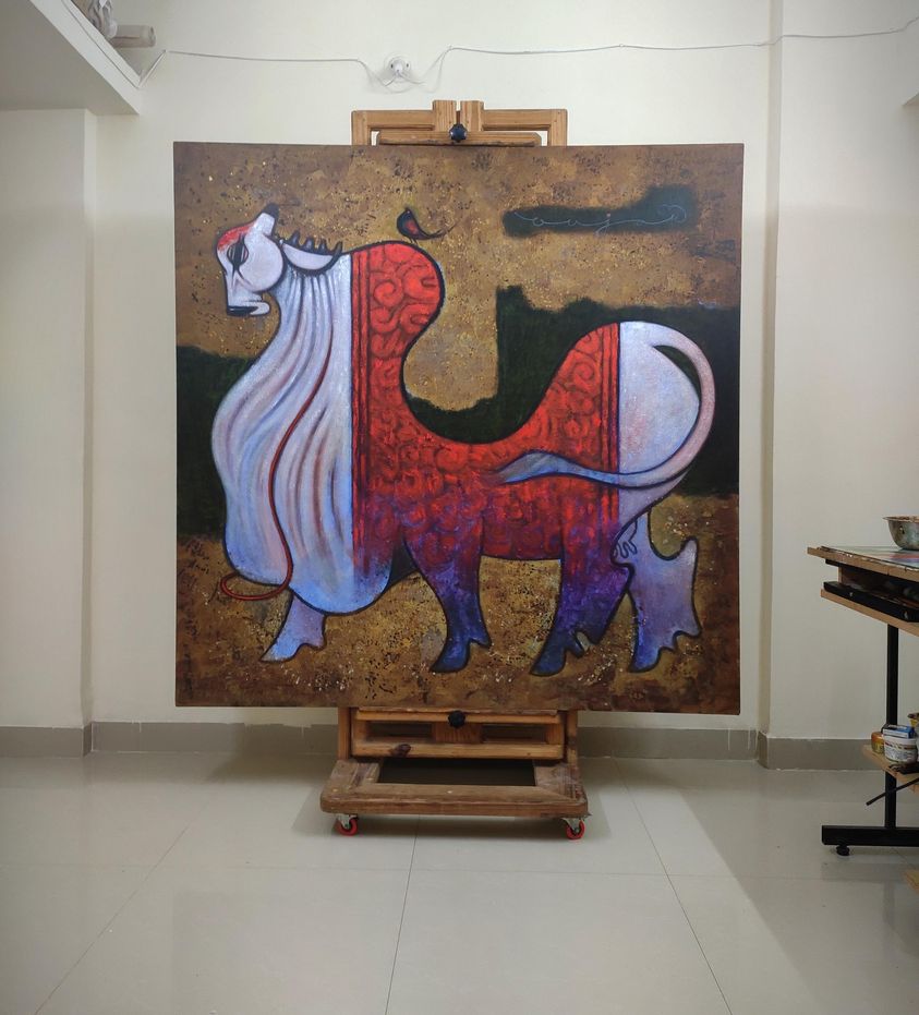 Figurative Painting with Acrylic on Canvas "Cow" art by Ramesh P Gujar