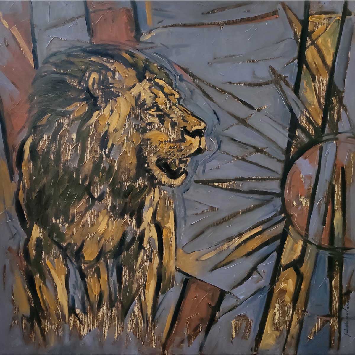 Figurative Painting with Oil on Canvas "Lion-2" art by Santoshkumar Patil