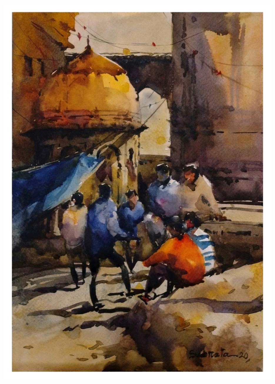 Figurative Painting with Watercolor on Fabriano "Banaras in the Afternoon" art by Subrata Malakar