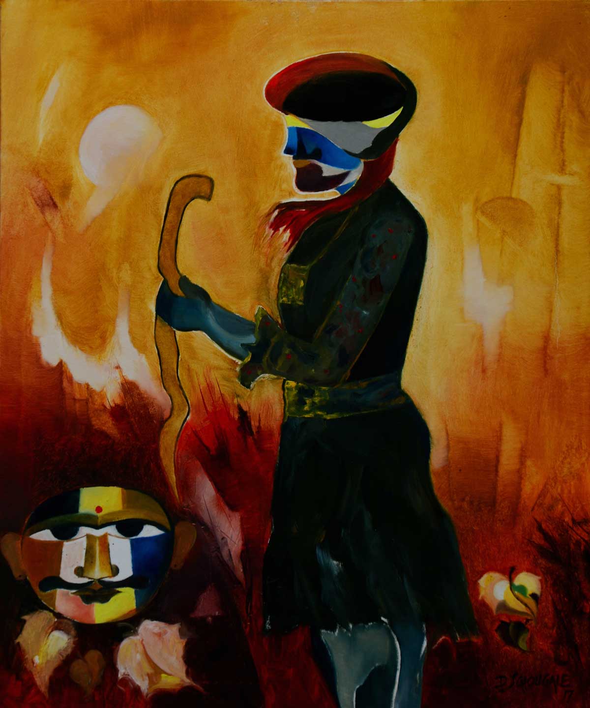 Contemporary Painting with Oil on Canvas "The Village Priest" art by Dr D S Chougale