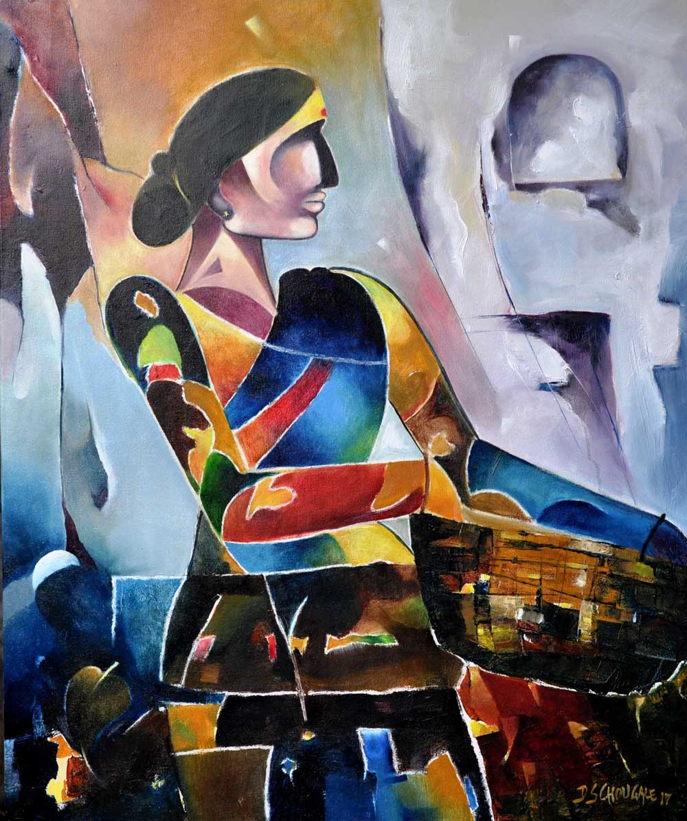 Figurative Painting with Oil on Canvas "Labour Lady" art by Dr D S Chougale