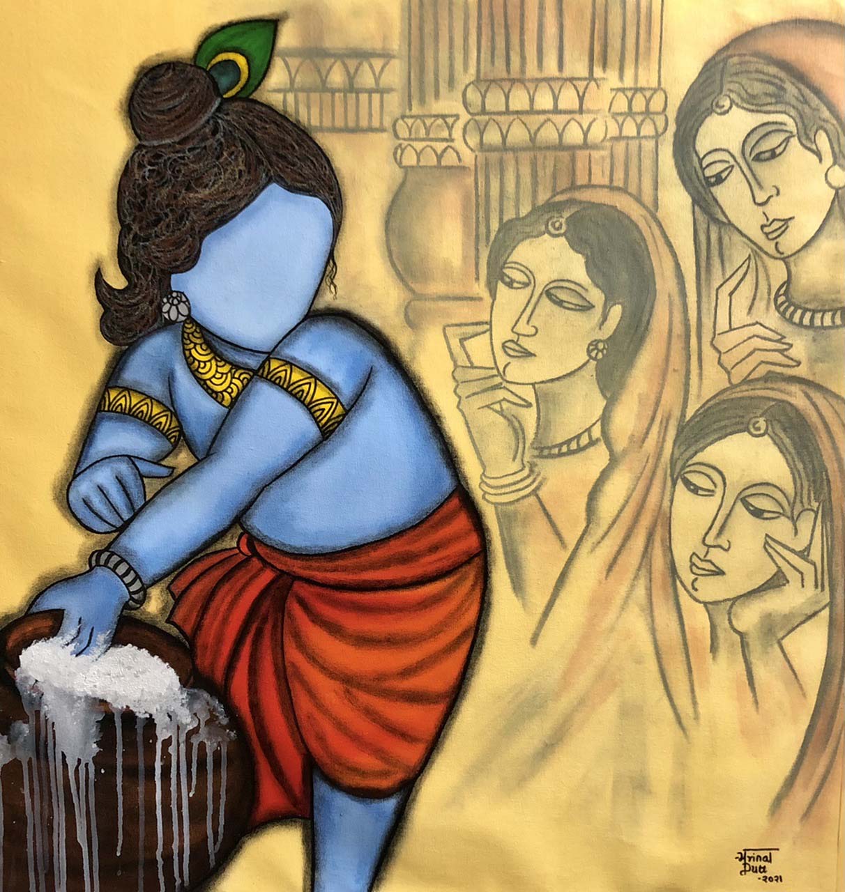 Figurative Painting with Acrylic on Canvas "Makhan Chor " art by Mrinal  Dutt