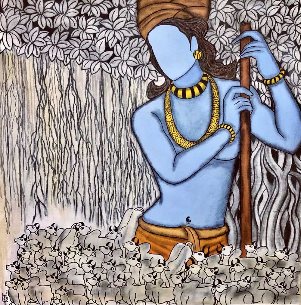 Figurative Drawing with Acrylic on Canvas "Gopalaya 3" art by Mrinal  Dutt
