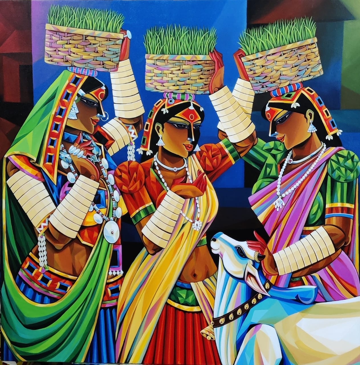 Figurative Painting with Acrylic on Canvas "Indian Women" art by Ramavath Srinivas