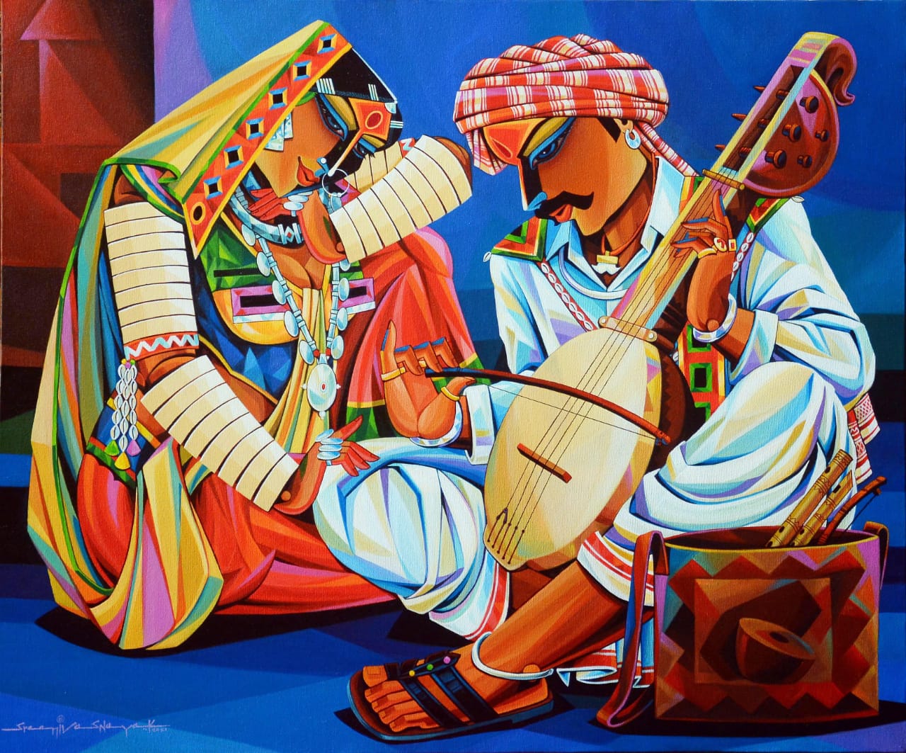 Figurative Painting with Acrylic on Canvas "Indian Village Couple" art by Ramavath Srinivas