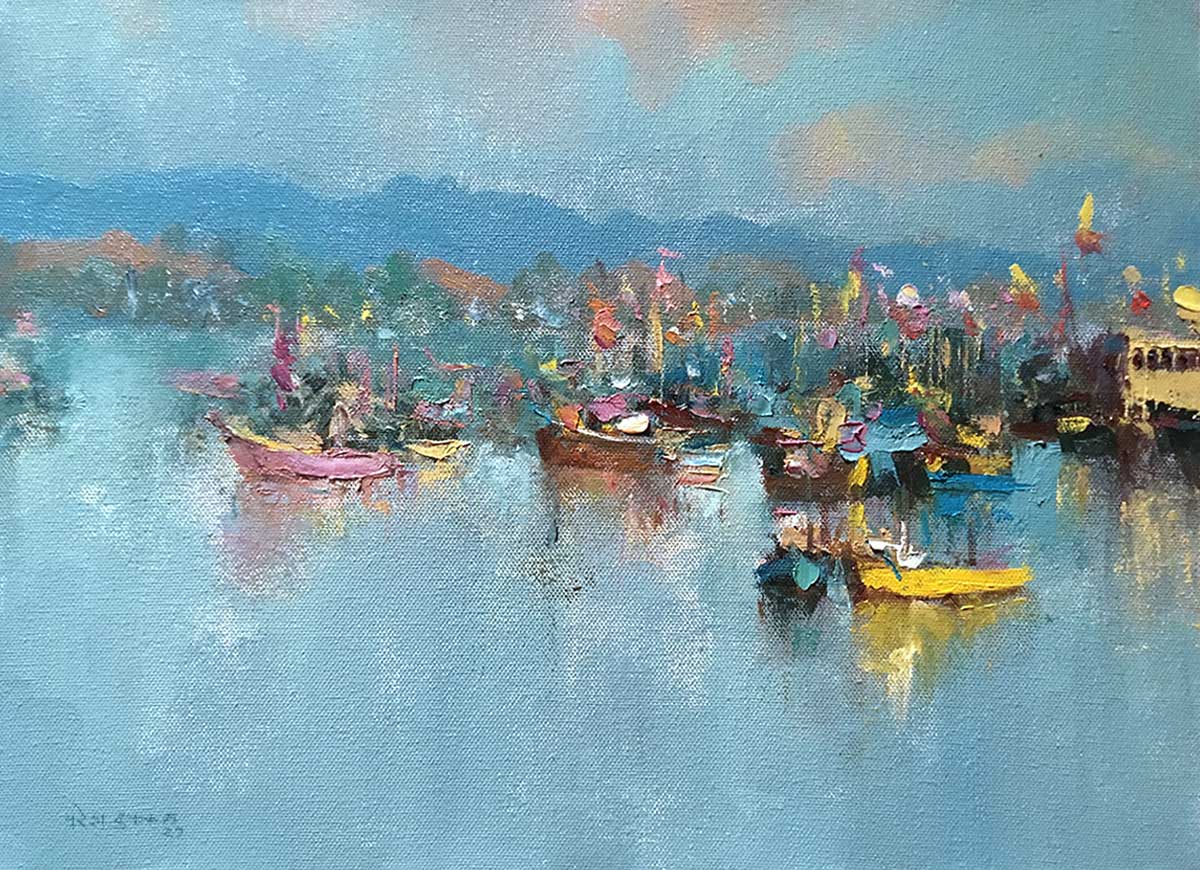 Figurative Painting with Oil on Canvas "Boats" art by Paresh Thukrul